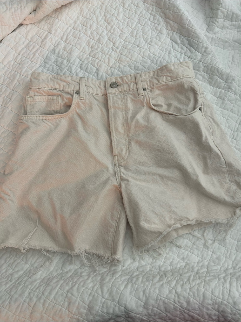 Reformation Cream High-Rise Frayed Denim Shorts